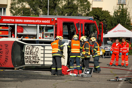 VRATIMOV-SEPTEMBER 7: rescue and emergency services open day. Units at car crash training on September 7, 2013 in VRATIMOV, Czech republic.のeditorial素材