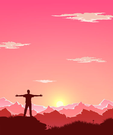 The young guy spread his arms on the top of the mountain. Landscape with sunset. Silhouettes of mountains. Vector illustrationのイラスト素材