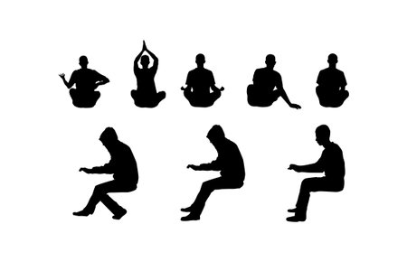 A set of people in different poses on a white background. Black silhouettes of guy isolated on white background.のイラスト素材