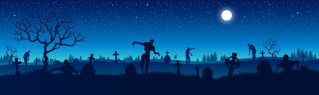 Panorama of the zombie apocalypse on the background of the cemetery. Silhouettes of scary zombies walking through the cemetery. Starry sky. Vector illustration for Halloween.のイラスト素材