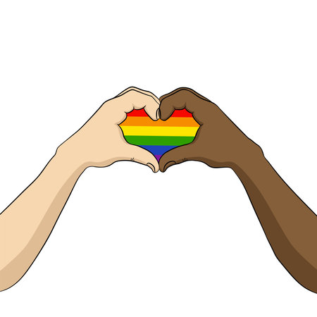 Hands make heart love symbol. LGBT symbol rainbow flag in heart shape. Vector illustration.のイラスト素材