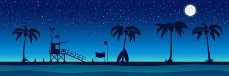 Silhouette of the beach with palm trees. Night panorama of the ocean. Vector background.のイラスト素材