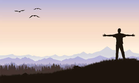 A young man against a background of mountains or a valley, looks into the distance with his arms outstretched. Mountain landscape. Vector illustration.のイラスト素材