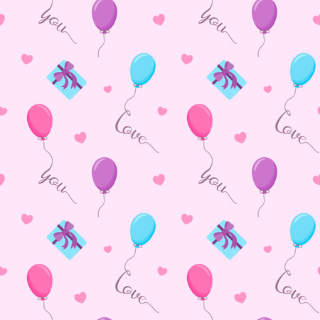 Seamless pattern with balloons, hearts and a gift on a pink background with sign Love You. Vector illustration for gift wrap, case design.のイラスト素材