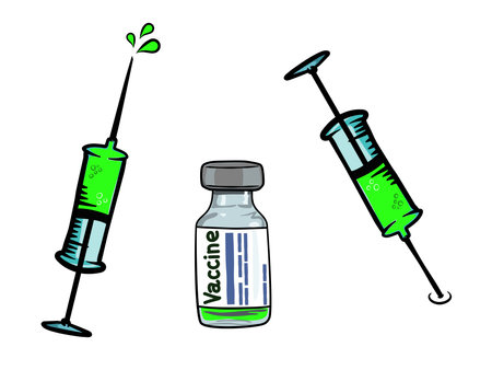 Vaccine bottle and syringe vector drawing. Hand drawn drug ampoule and syringe injection Isolated on white background. Vaccination, immunization, treatment conceptのイラスト素材