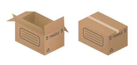 Isometric Cardboard box Isolated, Realistic. Open and closed brown cardboard cardboard box with inscriptions Fragile, recyclable with an empty field for inscriptions. Relocation, Moving, Retirementのイラスト素材