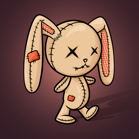 Crazy wood rabbit. Colored cute evil rabbit on a dark background with backlight and creepy shadow, halloween decoration. Sewn voodoo bunny walking through. vector illustration. Stitched thread funny zombie monster. Design for stickers, cards, invitations.のイラスト素材