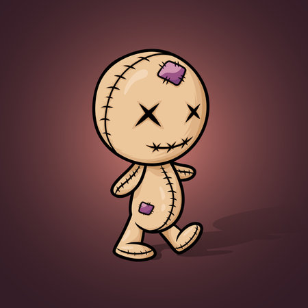 Crazy wood doll. Colored cute evil doll on a dark background with backlight and creepy shadow, halloween decoration. Sewn voodoo doll walking through. vector illustration. Stitched thread funny zombie monster. Design for stickers, cards, invitations.のイラスト素材