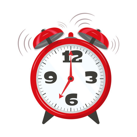 Cartoon retro red alarm clock ringing wake up time morning concept. Isolated on background in flat style. red arrows. vector illustrationのイラスト素材