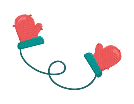 Red and green vector illustration of warm knitted mittens design isolated on transparent background. Pair of cute patterned elements for winter design. Comfort and warmth concept. Cartoon, minimalism, flat style.のイラスト素材