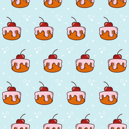 Cute Seamless pattern hand drawn cupcake on a light blue background with a red cherry in doodle style. Design can be used for menu, background, card template, business card or for website.のイラスト素材
