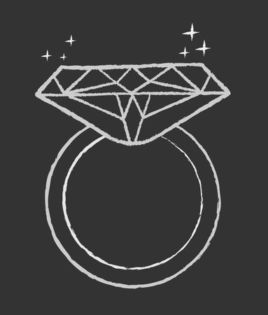 Diamond ring hand drawn in chalk with sparks on a blackboard vector white icon isolated on a black background.のイラスト素材