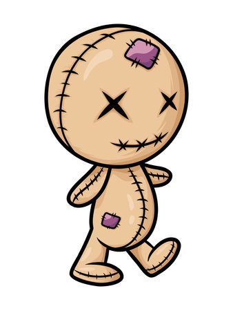 Crazy wood doll. Colored cute evil doll isolated. Sewn voodoo doll walking through. vector illustration. Design for stickers, cards, invitations. Stitched thread funny zombie monster.のイラスト素材