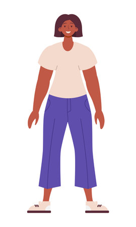 Happy woman stand full body. Portrait of a beautiful girl in a beige t-shirt and purple pants who accepts herself and loves her body. Bodypositive and feminism concept. Cartoon flat vector illustration ready for animation.のイラスト素材