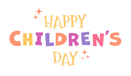 Happy Children's day colorful Lettering for greeting card. Holiday phrase with sparks or stars. Colored letters on a white background. vector illustration.のイラスト素材