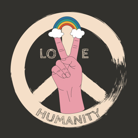 Retro vintage 70s design. Hand with rainbow in the clouds with the words Love, Humanity, sign of pacifism in the background. Posters, t shirt design concept. Vintage styled vector illustrationのイラスト素材