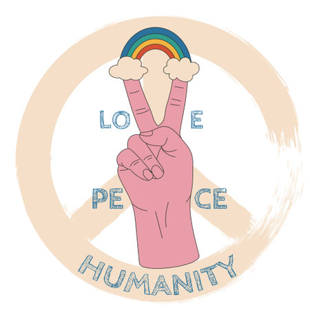 Retro vintage 70s design. Hand with rainbow in the clouds with the words Love, Peace, Humanity, sign of pacifism in the background. Posters, t shirt design concept. Vintage styled vector illustrationのイラスト素材