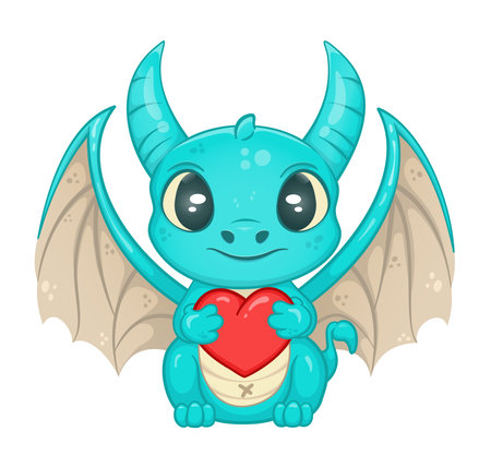 Cute green dragon character with a heart. The little dragon holds a red heart in its paws. Cartoon style. Relationship concept. Design for stickers, children's room, coloring books, greeting cards.のイラスト素材