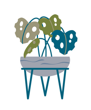 Tropical Modern Houseplant in floor pot in cool green and blue colors. Round floor flower pot on a stand. For design of a dark room, at night. Indoor plant concept of domestic greenery.のイラスト素材