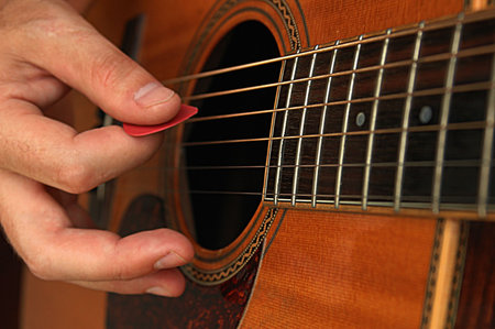 Closeup of guitar and a hand playing