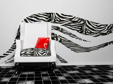 a blask and white armchair with a red pillow,african interior, renderingの写真素材