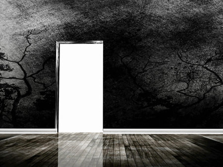 Interior design scene with a doorway, gloomy and dark roomの写真素材