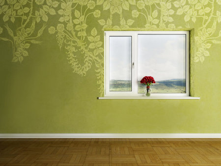 Interior design scene with a vase on the window