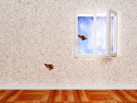 Interior design scene with an open window and butterflysの写真素材