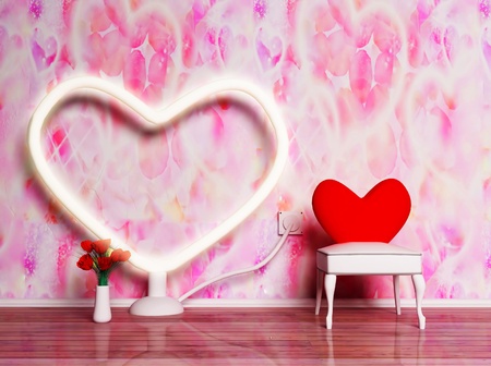 this ia a holiday romantic interior with a big elektric heart and a chairの写真素材