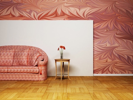 Modern  interior design of living room with a  bright sofa and  the flowers on the tableの写真素材