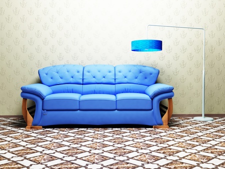 Modern  interior design of living room with a  bright  nblue sofa and a floor lampの写真素材