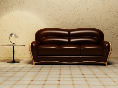 Brown classic sofa with a table and a lampの写真素材