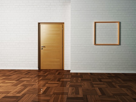 Interior design scene with a brick wall, a door and a pictureの写真素材