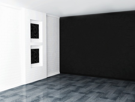 Interior design scene with a brick wall with the pictures and a dark panel の写真素材