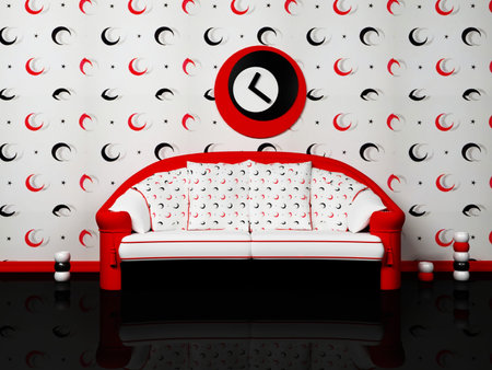 Modern  interior design of living room with a nice sofa and  a clock on the wall