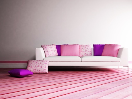 Modern  interior design of living room with a nice sofa with many pillowsの写真素材