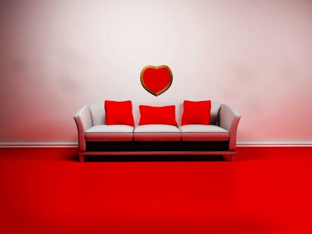 Romantic interior design with a sofa and the heart on the wallの写真素材