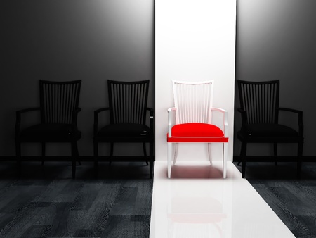 Interior design scene with four chairs in a row, black, red and whiteの写真素材
