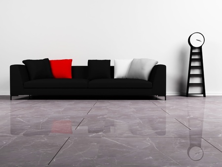 Modern  interior design with a black sofa and a clockの写真素材