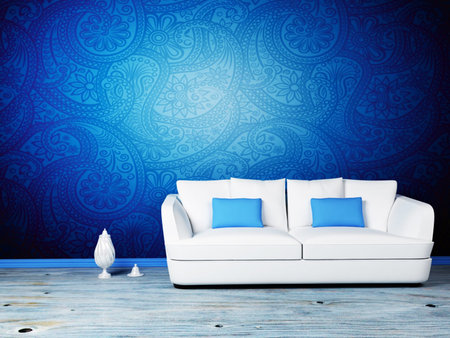 Modern  interior design of living room with a  sofa and the vases