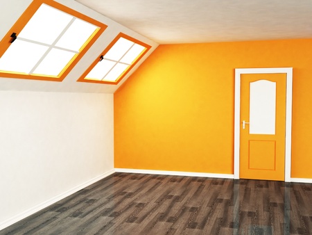 empty room with the large windows in warm colorの写真素材