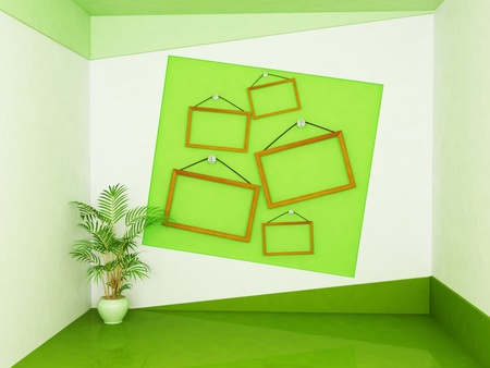 many wooden frames on the wall and a plantの写真素材