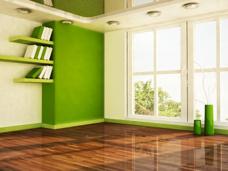 interior design scene with a big window, the vases, the shelvesの写真素材