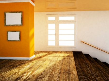 a room with a big window and the stairsの写真素材