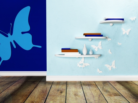 wall shelves and the interesting decor with many butterfliesの写真素材