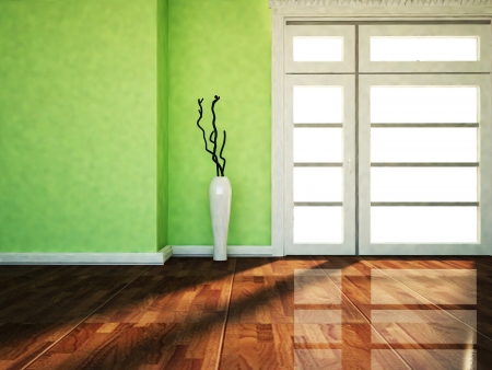 a big window and a vase in the roomの写真素材