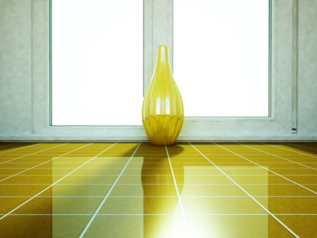 golden vase is standing near the window, renderingの写真素材