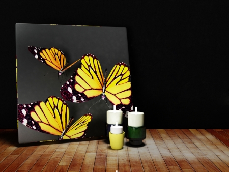 picture with the butterflies and three candlesの写真素材