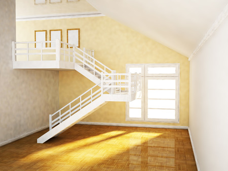 a big empty room with a ladder and a windowの写真素材