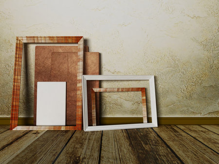 many frames and canvases on the floor, 3d rendering